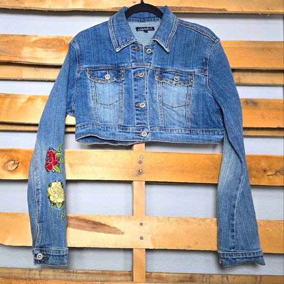 Clash Jackets & Blazers - Flower Embroidered Cropped Denim Jacket Size:L
